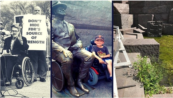 Collage of photos from FDR Memorial. Far left is Mike Deland speaking. Middle is boy in wheelchair next to FDR wheelchair status. Far right is FDR Memorial maintenance issues.